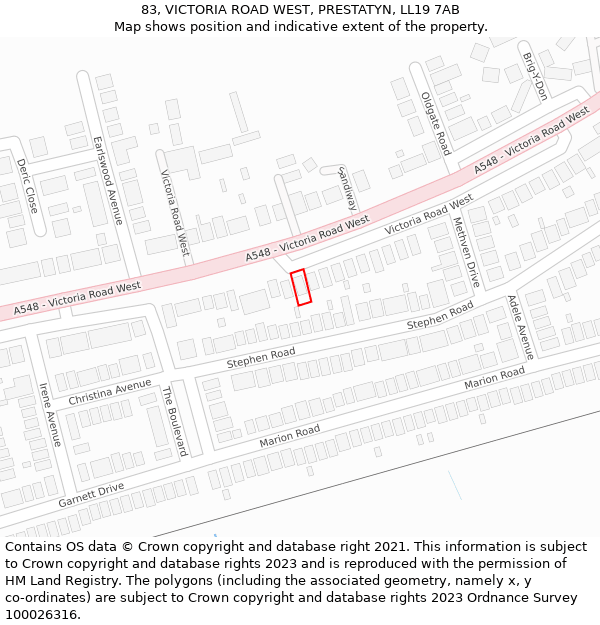 83, VICTORIA ROAD WEST, PRESTATYN, LL19 7AB: Location map and indicative extent of plot