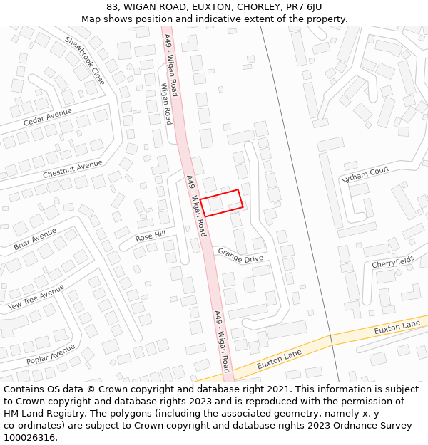 83, WIGAN ROAD, EUXTON, CHORLEY, PR7 6JU: Location map and indicative extent of plot
