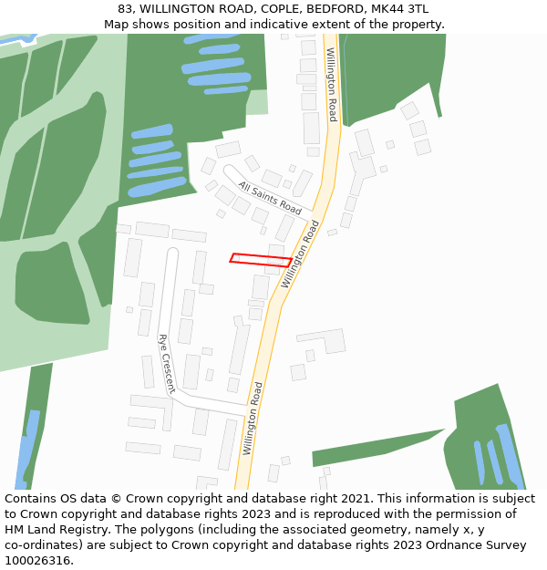 83, WILLINGTON ROAD, COPLE, BEDFORD, MK44 3TL: Location map and indicative extent of plot