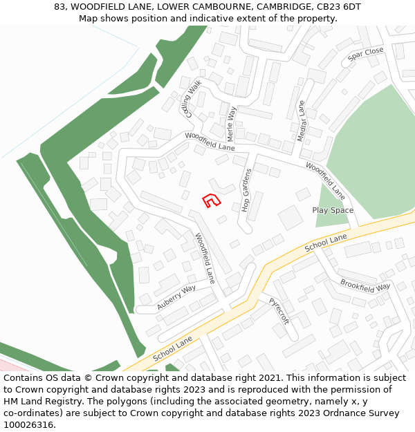 83, WOODFIELD LANE, LOWER CAMBOURNE, CAMBRIDGE, CB23 6DT: Location map and indicative extent of plot