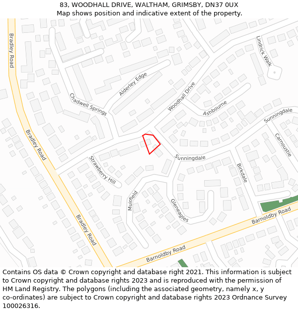 83, WOODHALL DRIVE, WALTHAM, GRIMSBY, DN37 0UX: Location map and indicative extent of plot