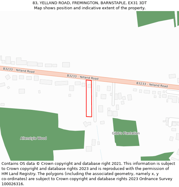83, YELLAND ROAD, FREMINGTON, BARNSTAPLE, EX31 3DT: Location map and indicative extent of plot