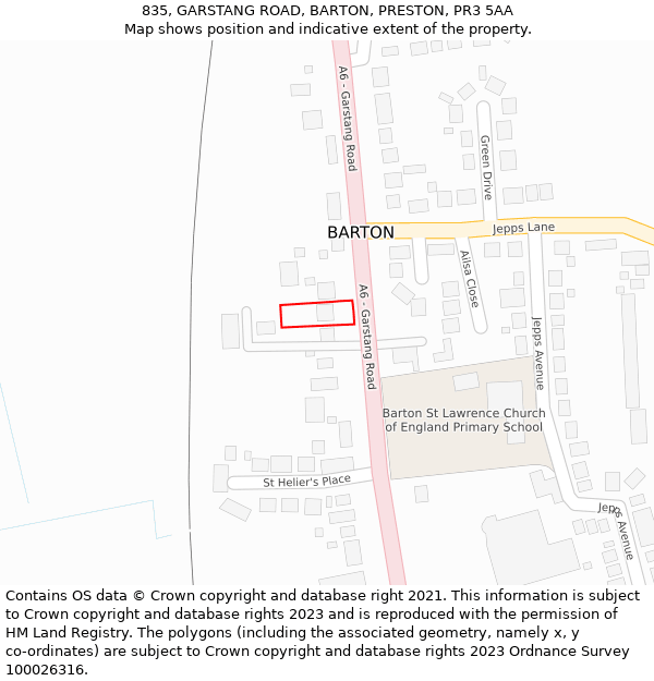 835, GARSTANG ROAD, BARTON, PRESTON, PR3 5AA: Location map and indicative extent of plot