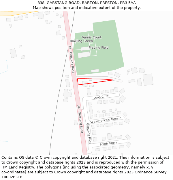 838, GARSTANG ROAD, BARTON, PRESTON, PR3 5AA: Location map and indicative extent of plot