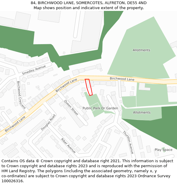 84, BIRCHWOOD LANE, SOMERCOTES, ALFRETON, DE55 4ND: Location map and indicative extent of plot