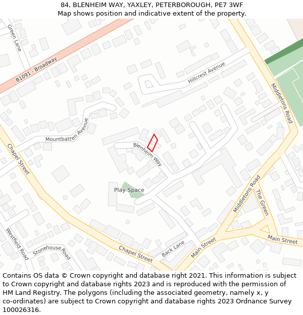 84, BLENHEIM WAY, YAXLEY, PETERBOROUGH, PE7 3WF: Location map and indicative extent of plot