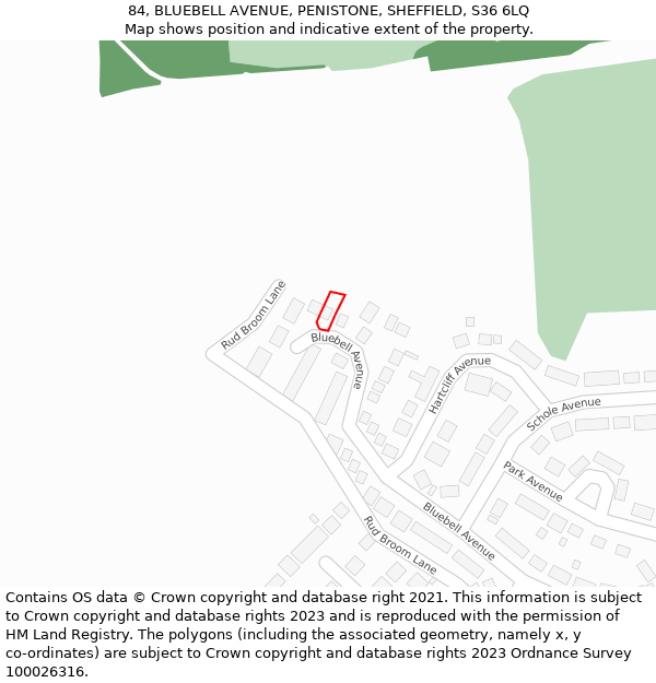 84, BLUEBELL AVENUE, PENISTONE, SHEFFIELD, S36 6LQ: Location map and indicative extent of plot