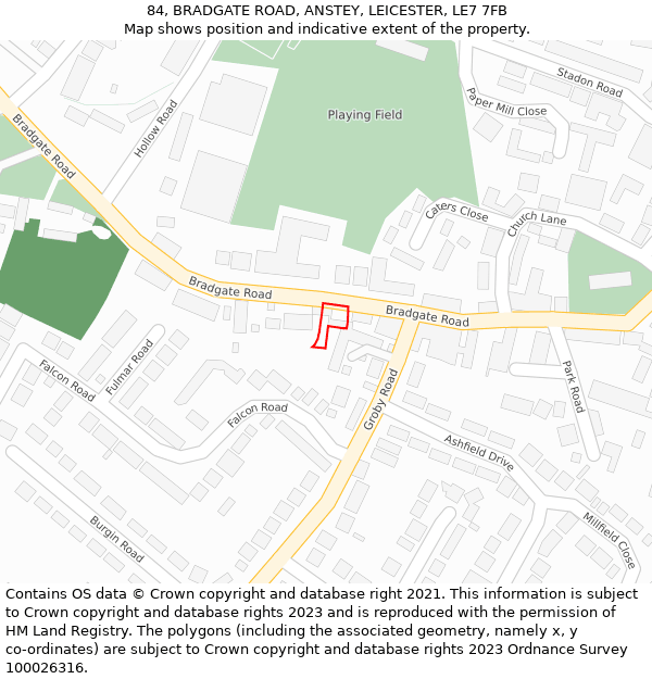 84, BRADGATE ROAD, ANSTEY, LEICESTER, LE7 7FB: Location map and indicative extent of plot