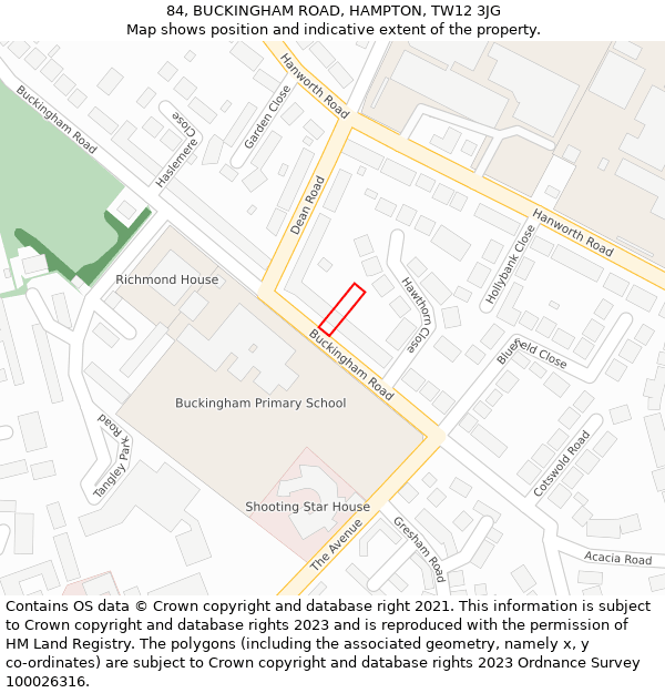 84, BUCKINGHAM ROAD, HAMPTON, TW12 3JG: Location map and indicative extent of plot