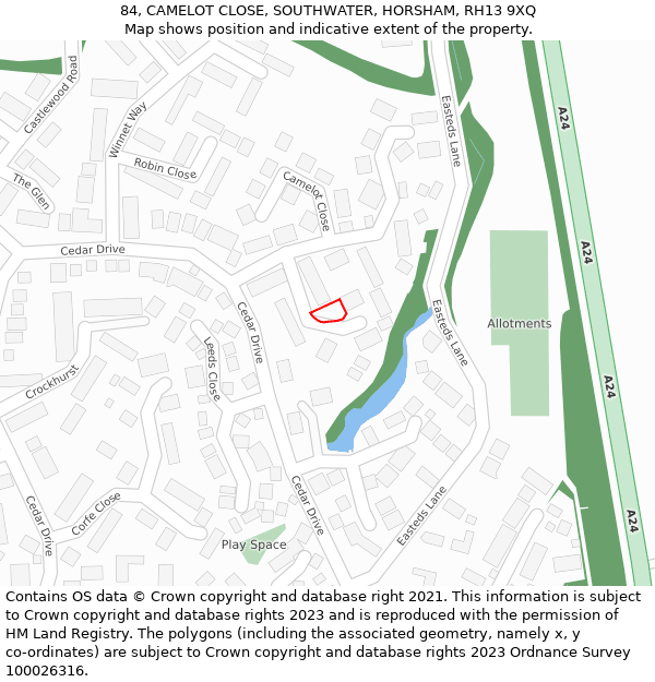 84, CAMELOT CLOSE, SOUTHWATER, HORSHAM, RH13 9XQ: Location map and indicative extent of plot