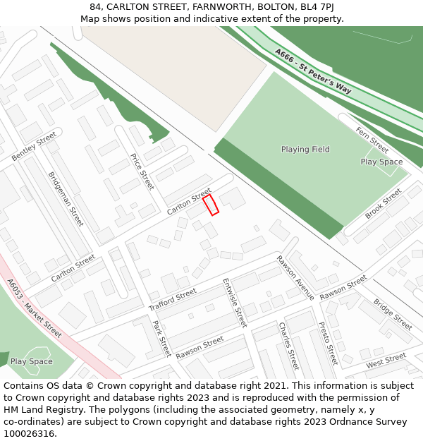 84, CARLTON STREET, FARNWORTH, BOLTON, BL4 7PJ: Location map and indicative extent of plot