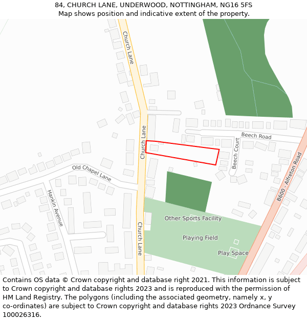 84, CHURCH LANE, UNDERWOOD, NOTTINGHAM, NG16 5FS: Location map and indicative extent of plot