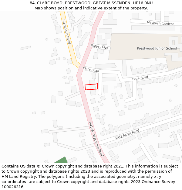 84, CLARE ROAD, PRESTWOOD, GREAT MISSENDEN, HP16 0NU: Location map and indicative extent of plot