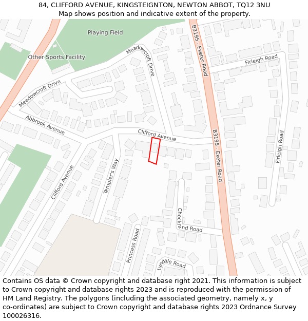 84, CLIFFORD AVENUE, KINGSTEIGNTON, NEWTON ABBOT, TQ12 3NU: Location map and indicative extent of plot