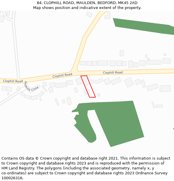 84, CLOPHILL ROAD, MAULDEN, BEDFORD, MK45 2AD: Location map and indicative extent of plot