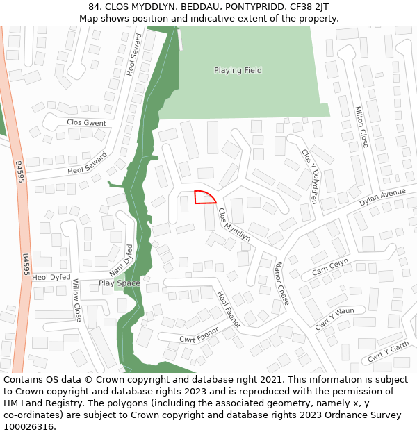 84, CLOS MYDDLYN, BEDDAU, PONTYPRIDD, CF38 2JT: Location map and indicative extent of plot