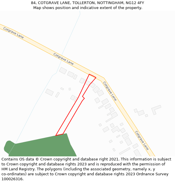 84, COTGRAVE LANE, TOLLERTON, NOTTINGHAM, NG12 4FY: Location map and indicative extent of plot