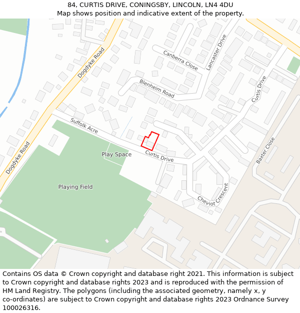 84, CURTIS DRIVE, CONINGSBY, LINCOLN, LN4 4DU: Location map and indicative extent of plot