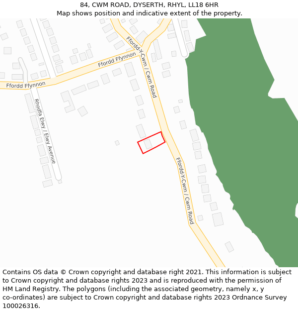 84, CWM ROAD, DYSERTH, RHYL, LL18 6HR: Location map and indicative extent of plot