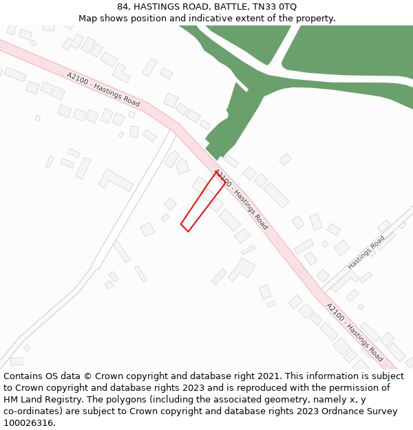 84, HASTINGS ROAD, BATTLE, TN33 0TQ: Location map and indicative extent of plot