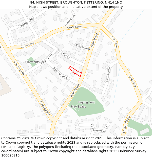 84, HIGH STREET, BROUGHTON, KETTERING, NN14 1NQ: Location map and indicative extent of plot