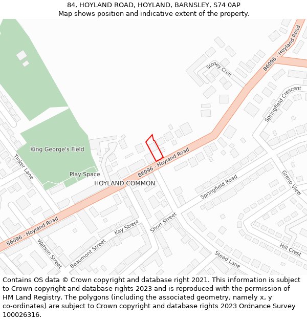 84, HOYLAND ROAD, HOYLAND, BARNSLEY, S74 0AP: Location map and indicative extent of plot