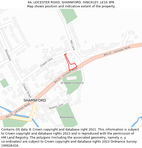 84, LEICESTER ROAD, SHARNFORD, HINCKLEY, LE10 3PR: Location map and indicative extent of plot