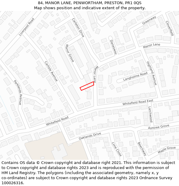 84, MANOR LANE, PENWORTHAM, PRESTON, PR1 0QS: Location map and indicative extent of plot