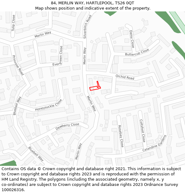 84, MERLIN WAY, HARTLEPOOL, TS26 0QT: Location map and indicative extent of plot
