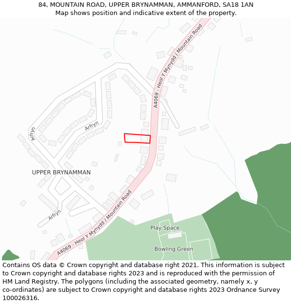 84, MOUNTAIN ROAD, UPPER BRYNAMMAN, AMMANFORD, SA18 1AN: Location map and indicative extent of plot