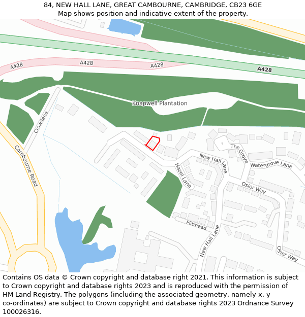 84, NEW HALL LANE, GREAT CAMBOURNE, CAMBRIDGE, CB23 6GE: Location map and indicative extent of plot