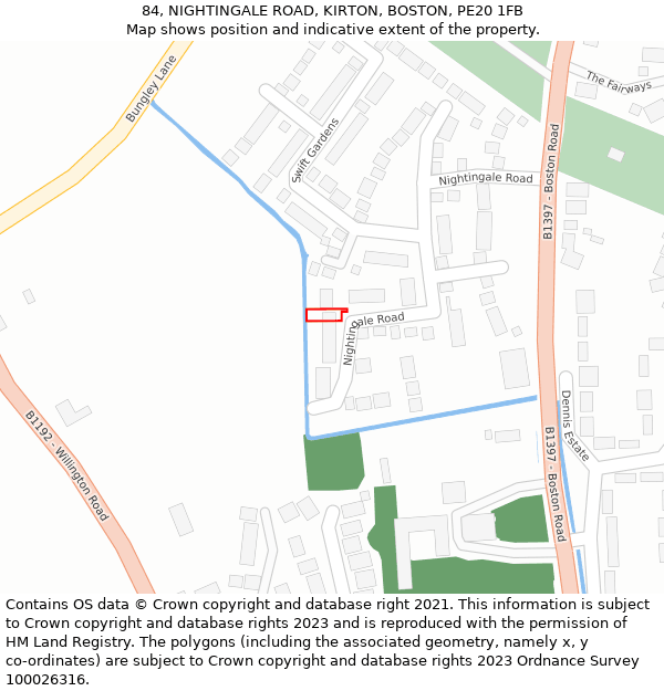 84, NIGHTINGALE ROAD, KIRTON, BOSTON, PE20 1FB: Location map and indicative extent of plot