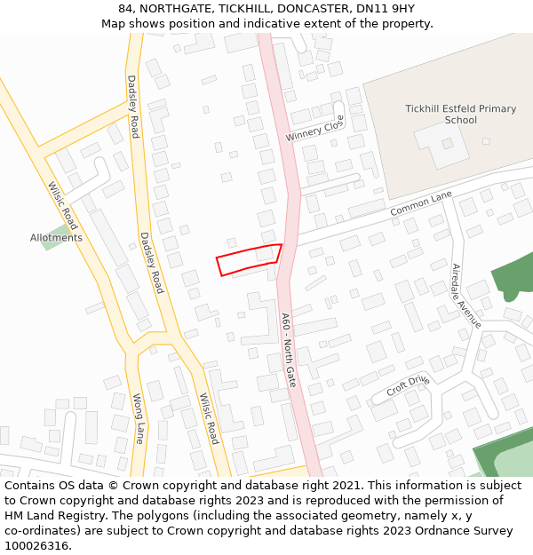 84, NORTHGATE, TICKHILL, DONCASTER, DN11 9HY: Location map and indicative extent of plot