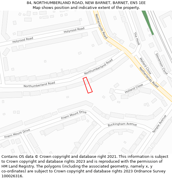 84, NORTHUMBERLAND ROAD, NEW BARNET, BARNET, EN5 1EE: Location map and indicative extent of plot