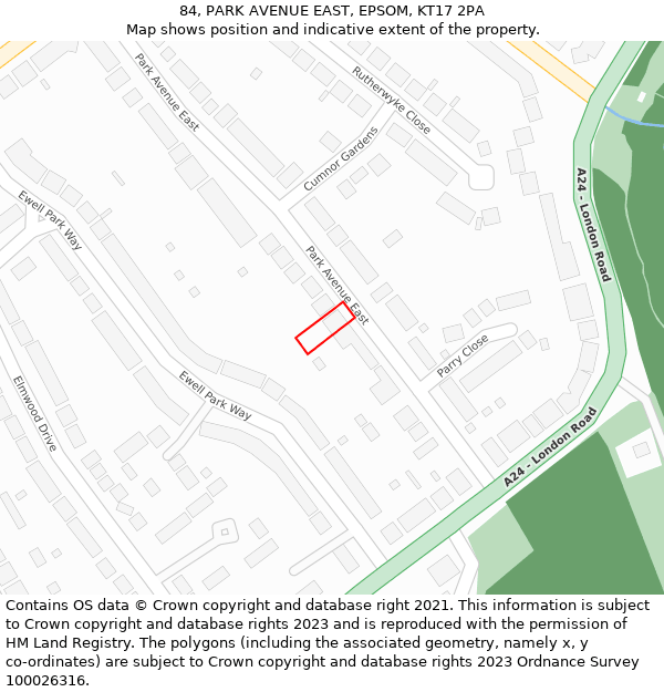 84, PARK AVENUE EAST, EPSOM, KT17 2PA: Location map and indicative extent of plot