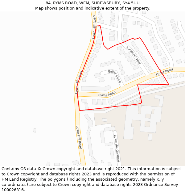 84, PYMS ROAD, WEM, SHREWSBURY, SY4 5UU: Location map and indicative extent of plot