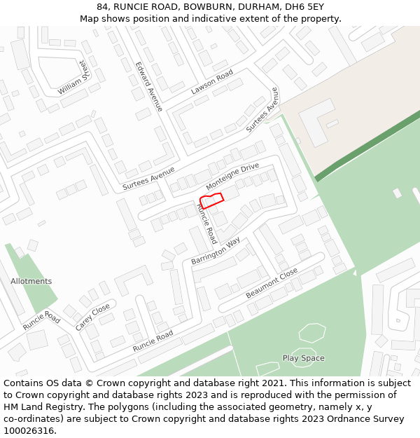 84, RUNCIE ROAD, BOWBURN, DURHAM, DH6 5EY: Location map and indicative extent of plot