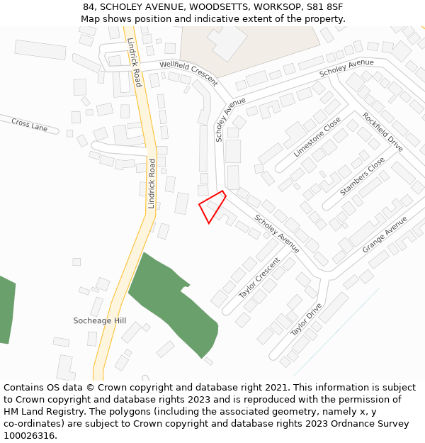 84, SCHOLEY AVENUE, WOODSETTS, WORKSOP, S81 8SF: Location map and indicative extent of plot