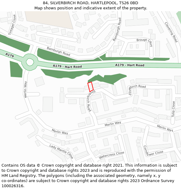 84, SILVERBIRCH ROAD, HARTLEPOOL, TS26 0BD: Location map and indicative extent of plot