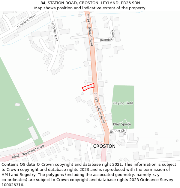 84, STATION ROAD, CROSTON, LEYLAND, PR26 9RN: Location map and indicative extent of plot