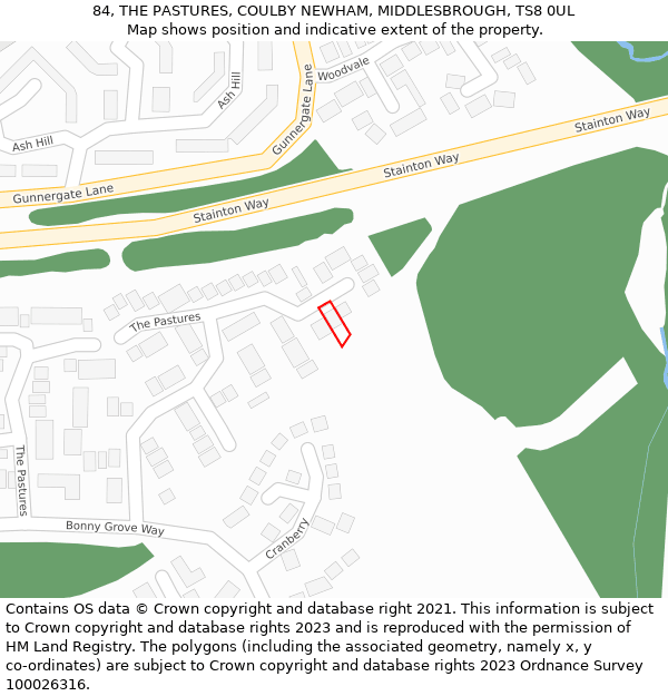 84, THE PASTURES, COULBY NEWHAM, MIDDLESBROUGH, TS8 0UL: Location map and indicative extent of plot