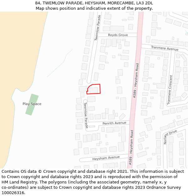 84, TWEMLOW PARADE, HEYSHAM, MORECAMBE, LA3 2DL: Location map and indicative extent of plot