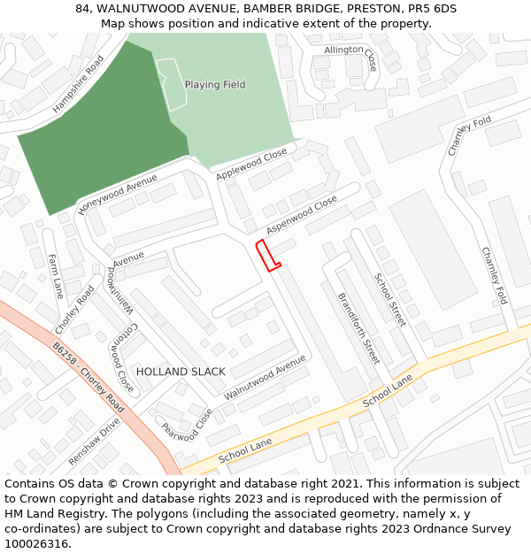 84, WALNUTWOOD AVENUE, BAMBER BRIDGE, PRESTON, PR5 6DS: Location map and indicative extent of plot