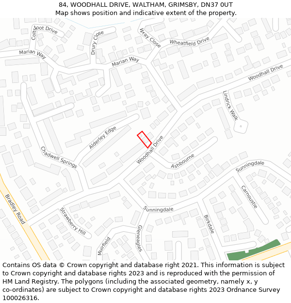 84, WOODHALL DRIVE, WALTHAM, GRIMSBY, DN37 0UT: Location map and indicative extent of plot