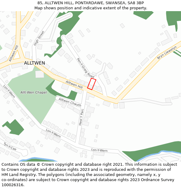 85, ALLTWEN HILL, PONTARDAWE, SWANSEA, SA8 3BP: Location map and indicative extent of plot