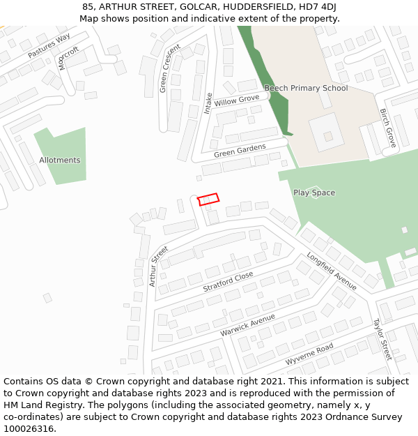 85, ARTHUR STREET, GOLCAR, HUDDERSFIELD, HD7 4DJ: Location map and indicative extent of plot