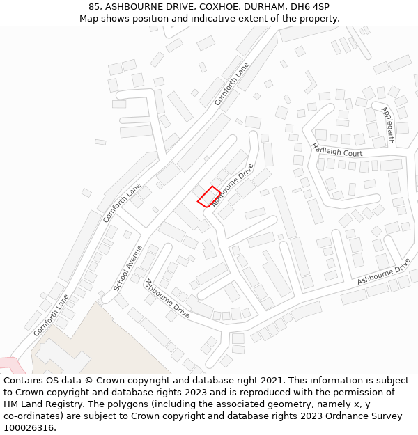 85, ASHBOURNE DRIVE, COXHOE, DURHAM, DH6 4SP: Location map and indicative extent of plot