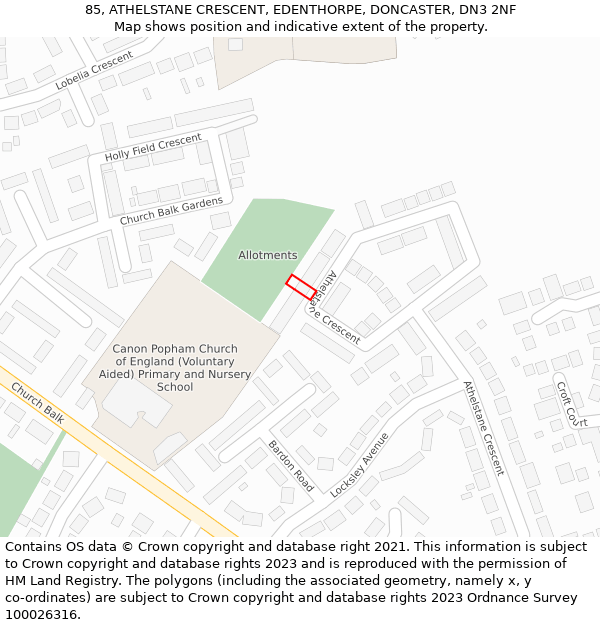 85, ATHELSTANE CRESCENT, EDENTHORPE, DONCASTER, DN3 2NF: Location map and indicative extent of plot