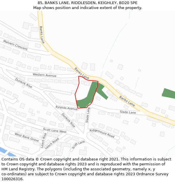 85, BANKS LANE, RIDDLESDEN, KEIGHLEY, BD20 5PE: Location map and indicative extent of plot