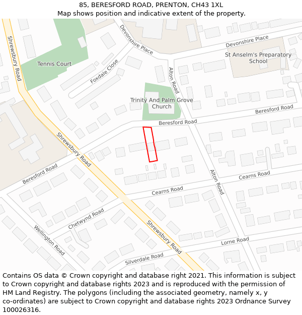 85, BERESFORD ROAD, PRENTON, CH43 1XL: Location map and indicative extent of plot